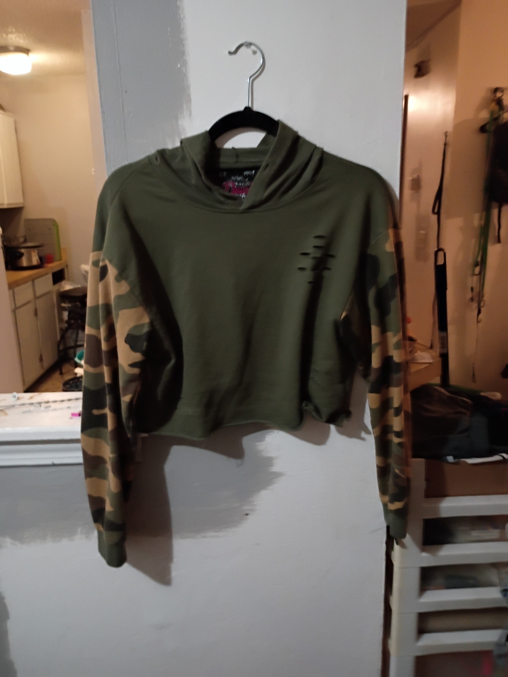 Brooklyn Karma Camo Distressed Cropped Hoodie - Size L